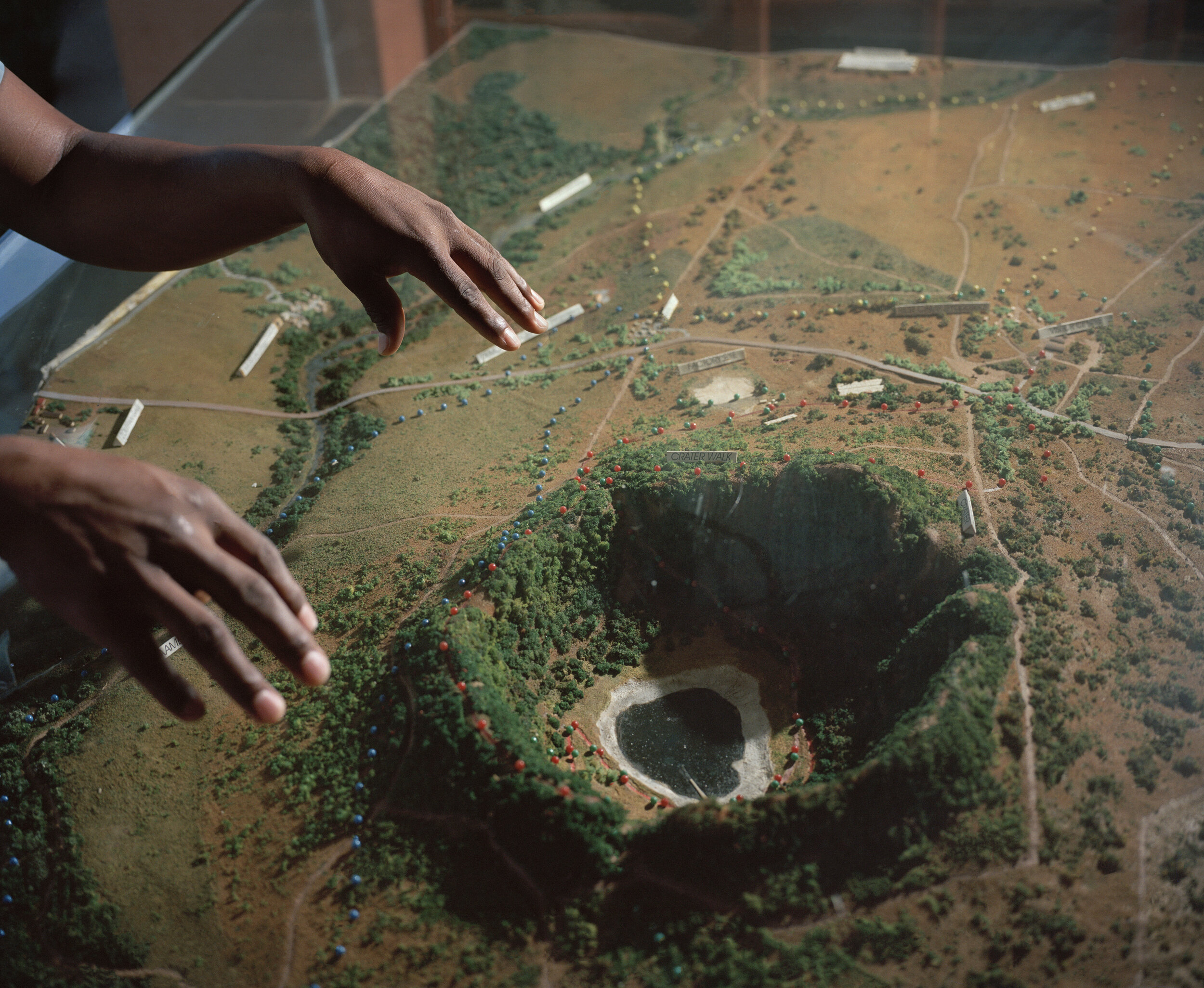 ‘Well there is a big mark in time, Soutpan, Tswaing. I don’t know how many million people would die if it would happen today but it was 200 000 years ago. I forget the size of the meteorite - a few thousand tons, and it threw up this central point a…